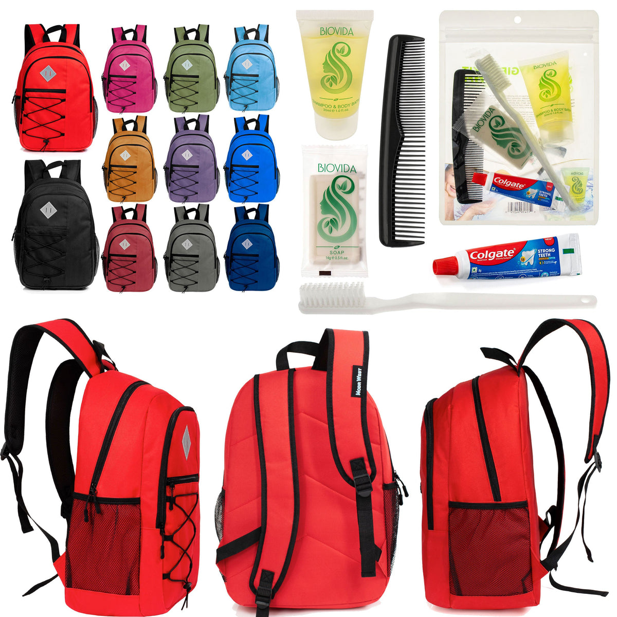12 Large 18" Deluxe Backpacks - Padded Back and Laptop Sleeve & Your Choice of 12 Bulk Hygiene Kits - Wholesale Care Package: Homeless, Emergency, Charity