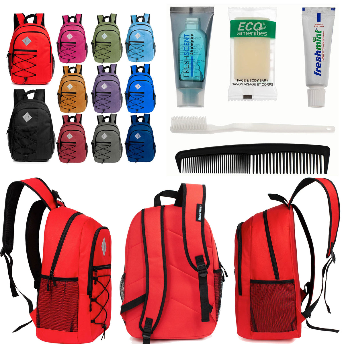 12 Large 18" Deluxe Backpacks - Padded Back and Laptop Sleeve & Your Choice of 12 Bulk Hygiene Kits - Wholesale Care Package: Homeless, Emergency, Charity