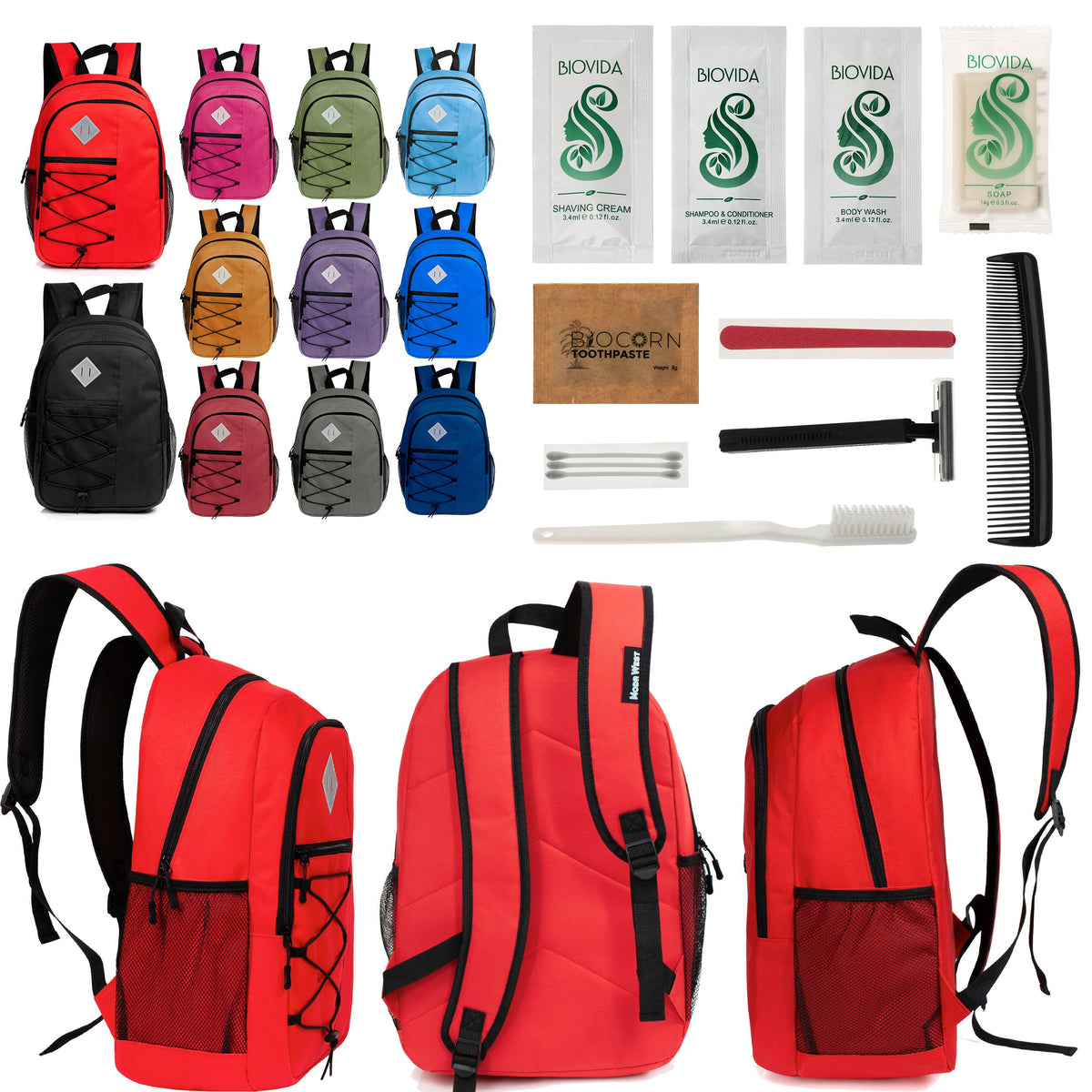 12 Large 18" Deluxe Backpacks - Padded Back and Laptop Sleeve & Your Choice of 12 Bulk Hygiene Kits - Wholesale Care Package: Homeless, Emergency, Charity