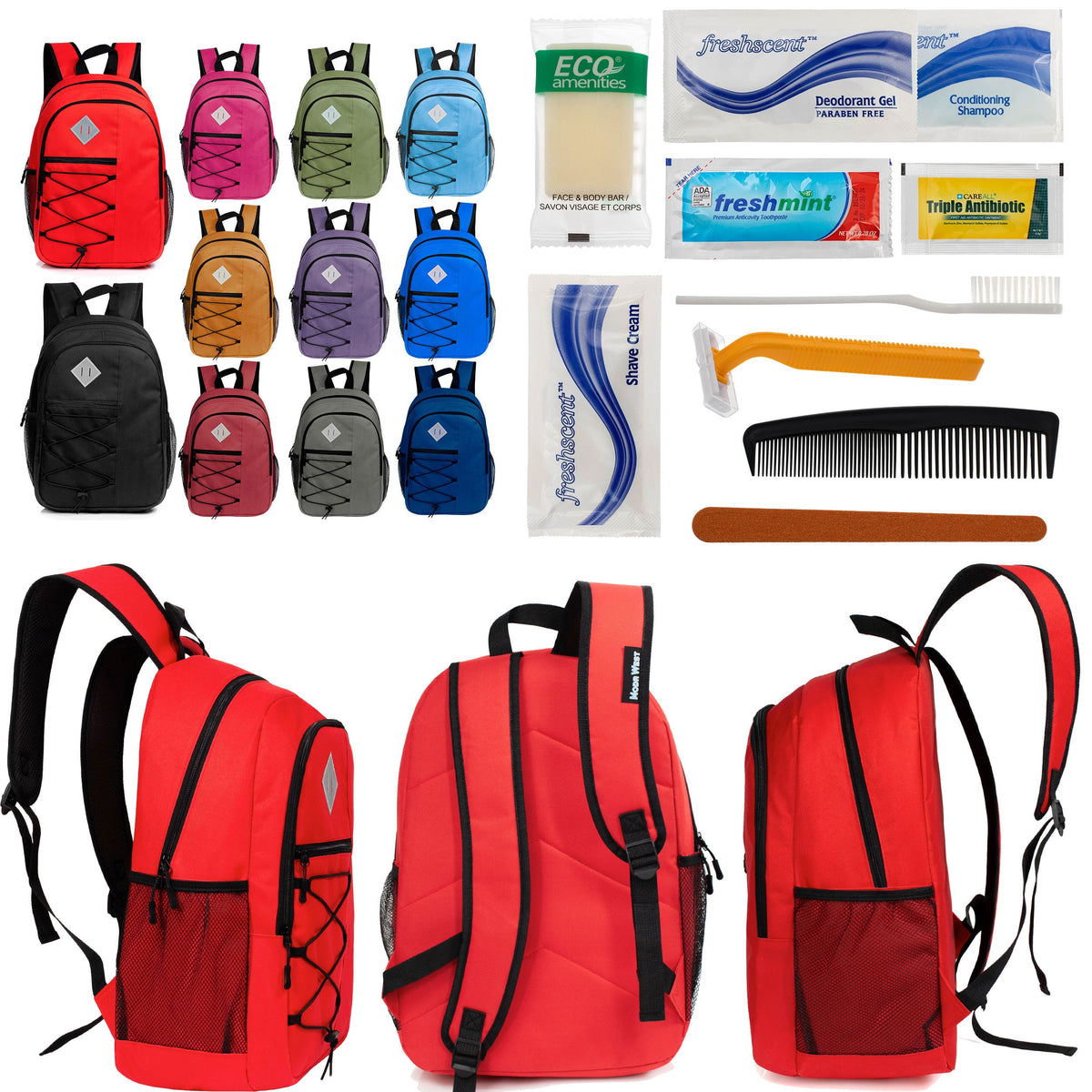 12 Large 18" Deluxe Backpacks - Padded Back and Laptop Sleeve & Your Choice of 12 Bulk Hygiene Kits - Wholesale Care Package: Homeless, Emergency, Charity