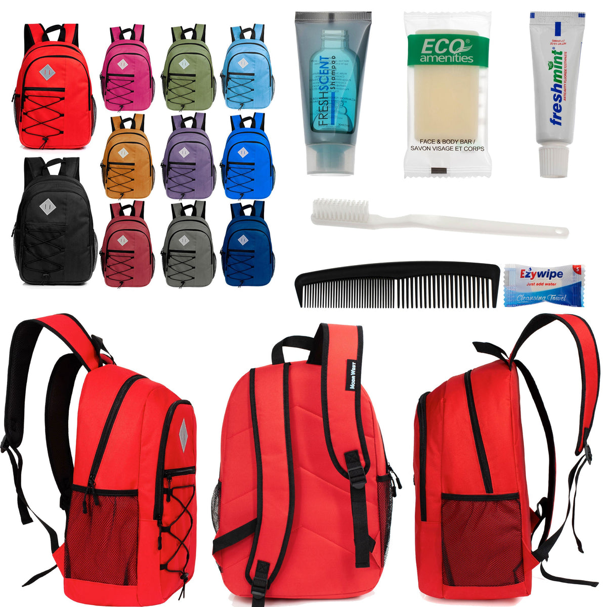 12 Large 18" Deluxe Backpacks - Padded Back and Laptop Sleeve & Your Choice of 12 Bulk Hygiene Kits - Wholesale Care Package: Homeless, Emergency, Charity
