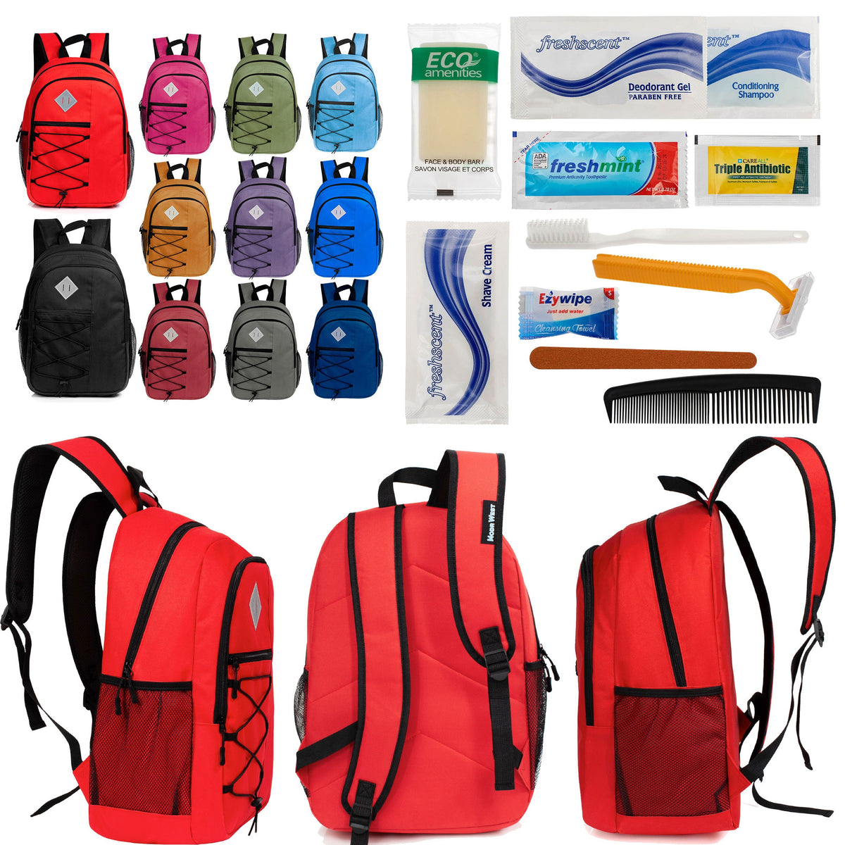 12 Large 18" Deluxe Backpacks - Padded Back and Laptop Sleeve & Your Choice of 12 Bulk Hygiene Kits - Wholesale Care Package: Homeless, Emergency, Charity