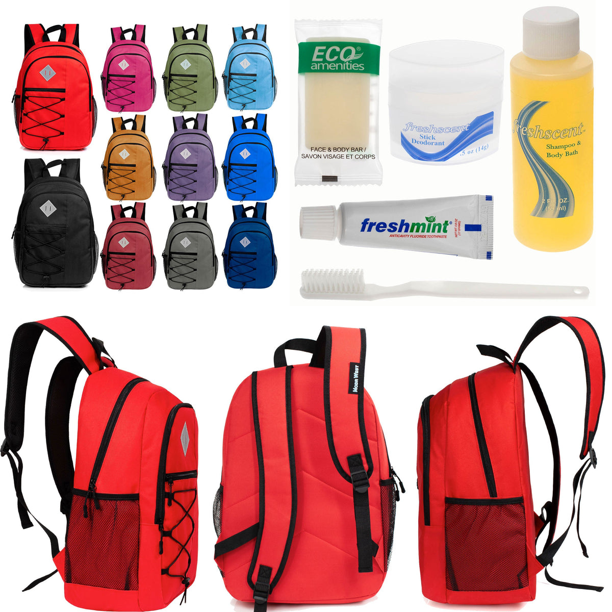 12 Large 18" Deluxe Backpacks - Padded Back and Laptop Sleeve & Your Choice of 12 Bulk Hygiene Kits - Wholesale Care Package: Homeless, Emergency, Charity
