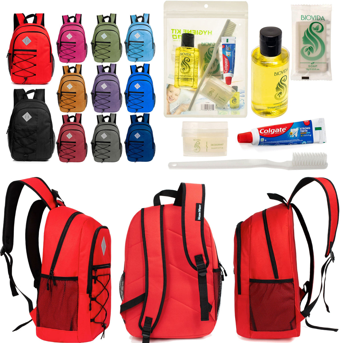 12 Large 18" Deluxe Backpacks - Padded Back and Laptop Sleeve & Your Choice of 12 Bulk Hygiene Kits - Wholesale Care Package: Homeless, Emergency, Charity