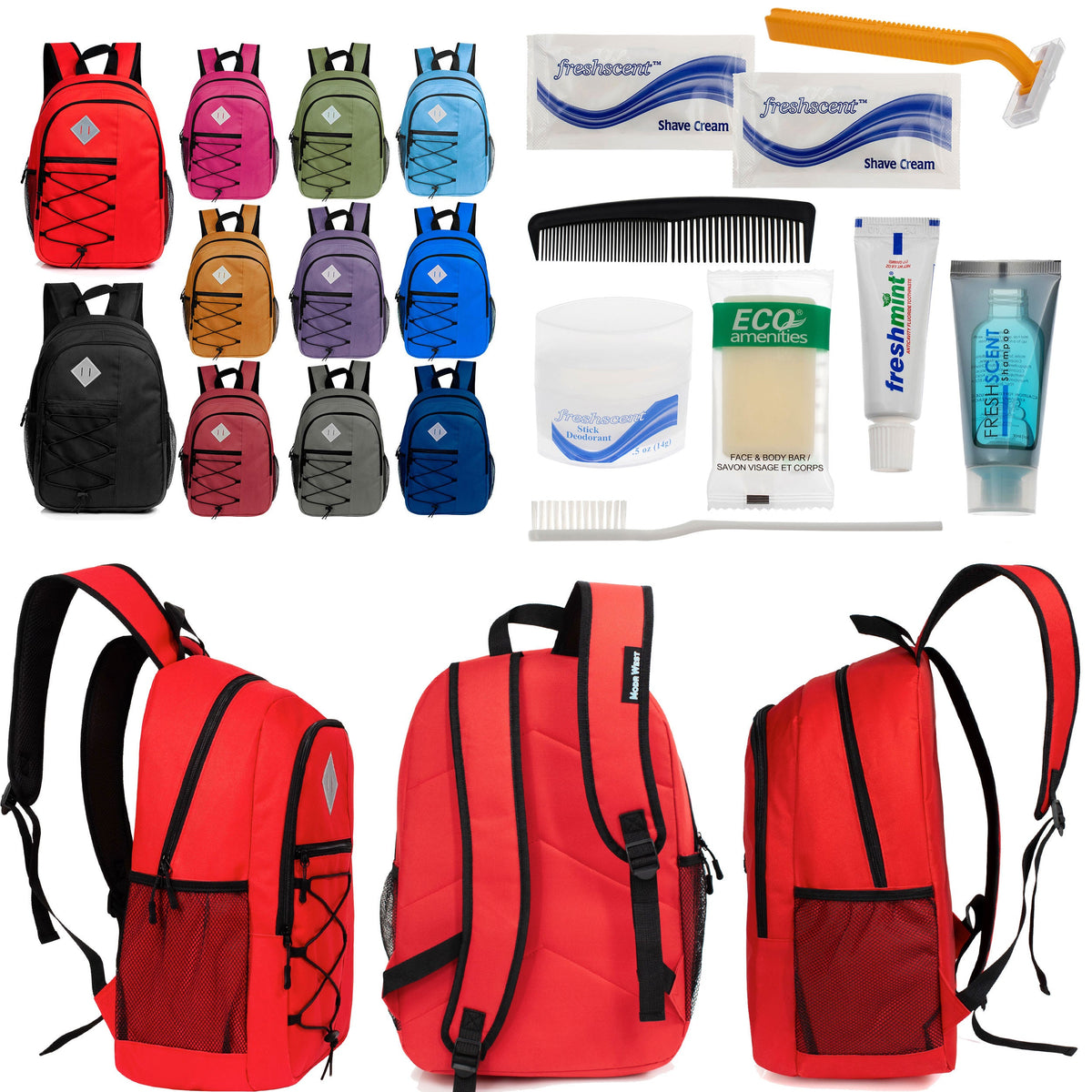 12 Large 18" Deluxe Backpacks - Padded Back and Laptop Sleeve & Your Choice of 12 Bulk Hygiene Kits - Wholesale Care Package: Homeless, Emergency, Charity