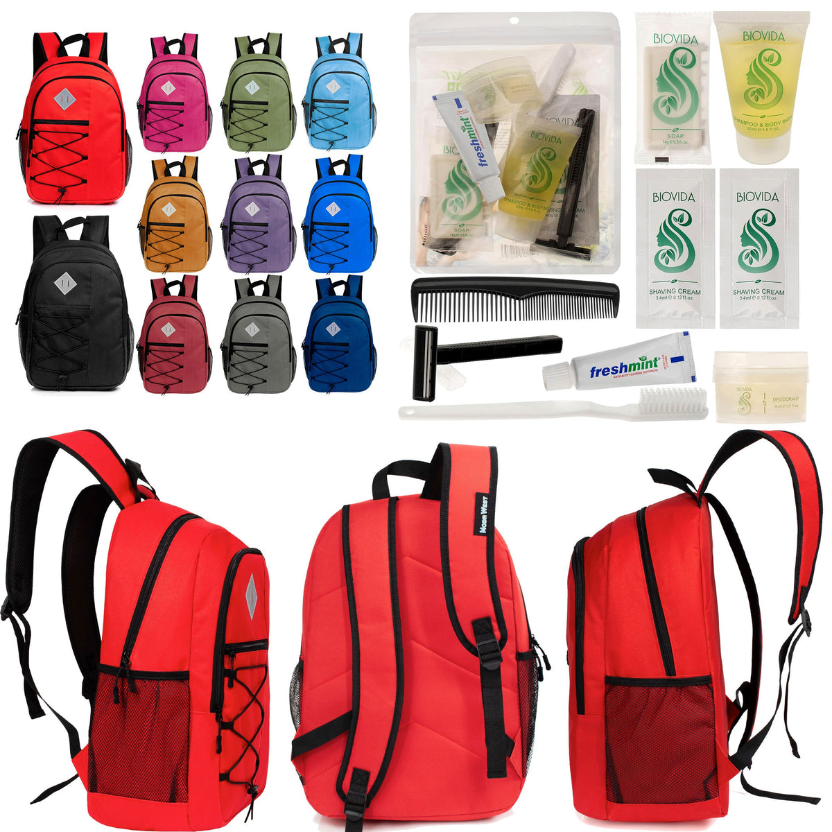 12 Large 18" Deluxe Backpacks - Padded Back and Laptop Sleeve & Your Choice of 12 Bulk Hygiene Kits - Wholesale Care Package: Homeless, Emergency, Charity