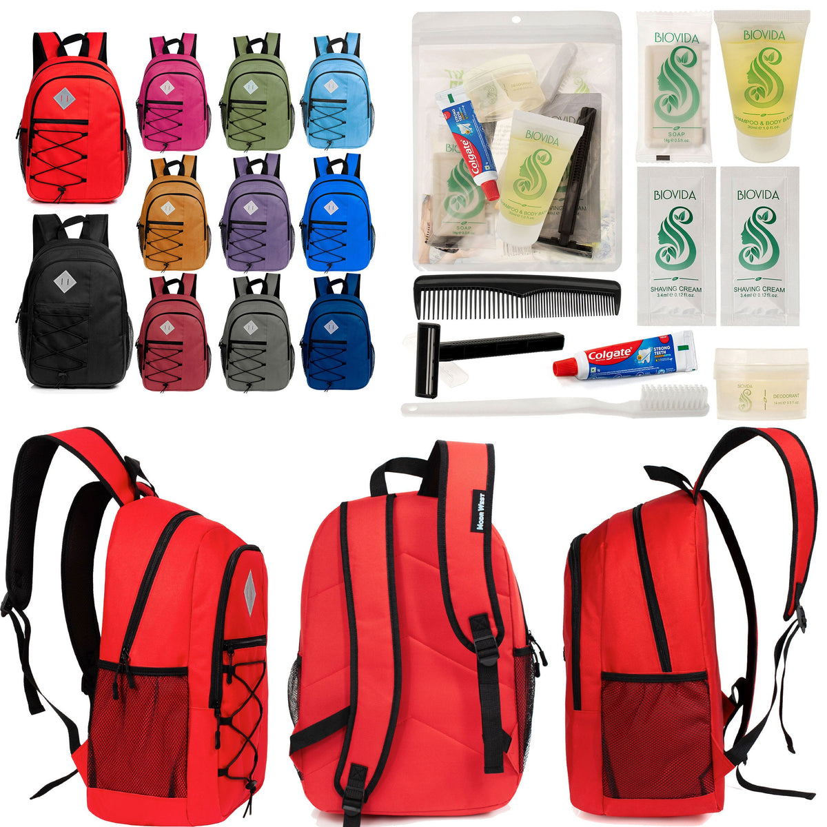 12 Large 18" Deluxe Backpacks - Padded Back and Laptop Sleeve & Your Choice of 12 Bulk Hygiene Kits - Wholesale Care Package: Homeless, Emergency, Charity
