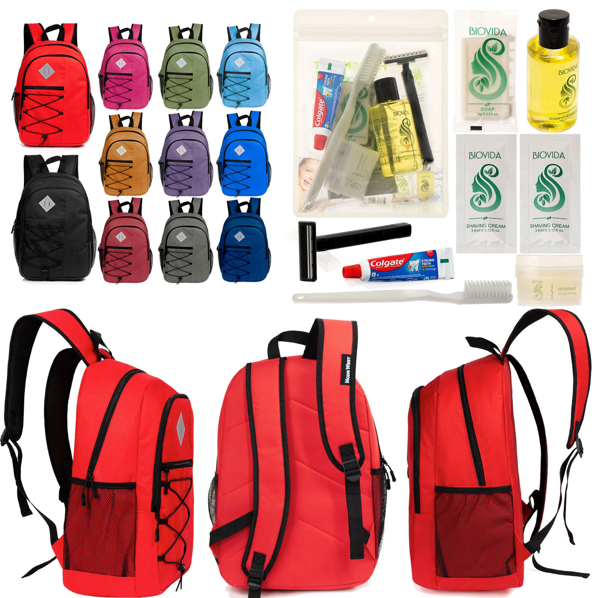 12 Large 18" Deluxe Backpacks - Padded Back and Laptop Sleeve & Your Choice of 12 Bulk Hygiene Kits - Wholesale Care Package: Homeless, Emergency, Charity