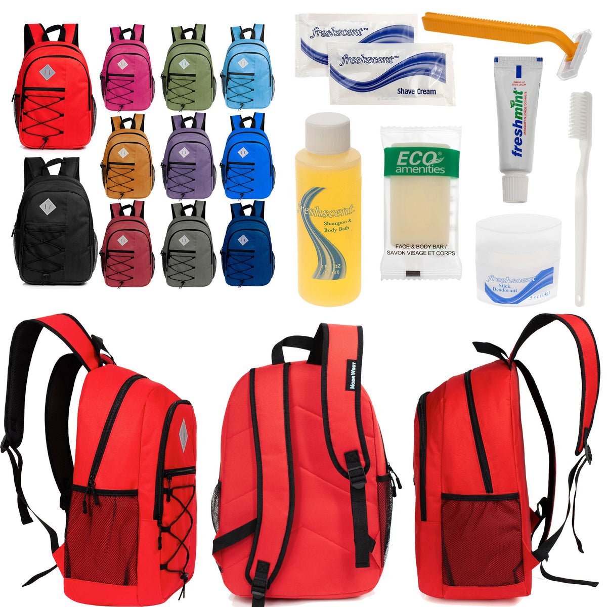 12 Large 18" Deluxe Backpacks - Padded Back and Laptop Sleeve & Your Choice of 12 Bulk Hygiene Kits - Wholesale Care Package: Homeless, Emergency, Charity
