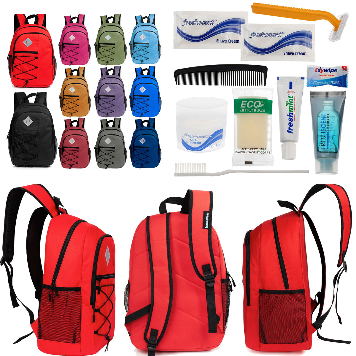 12 Large 18" Deluxe Backpacks - Padded Back and Laptop Sleeve & Your Choice of 12 Bulk Hygiene Kits - Wholesale Care Package: Homeless, Emergency, Charity