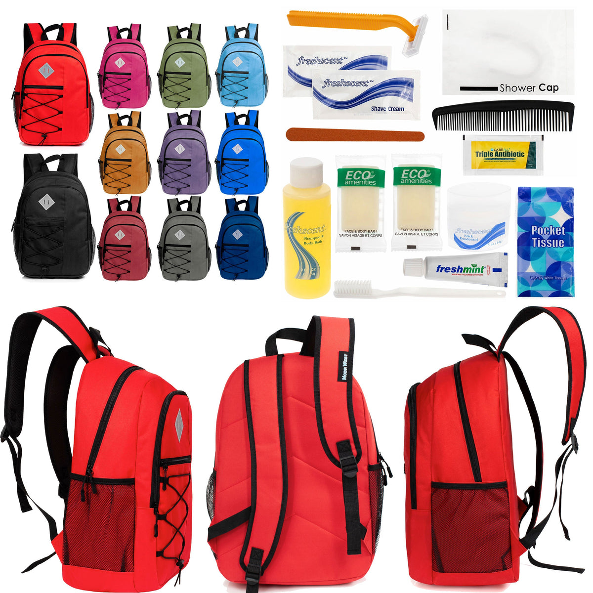 12 Large 18" Deluxe Backpacks - Padded Back and Laptop Sleeve & Your Choice of 12 Bulk Hygiene Kits - Wholesale Care Package: Homeless, Emergency, Charity