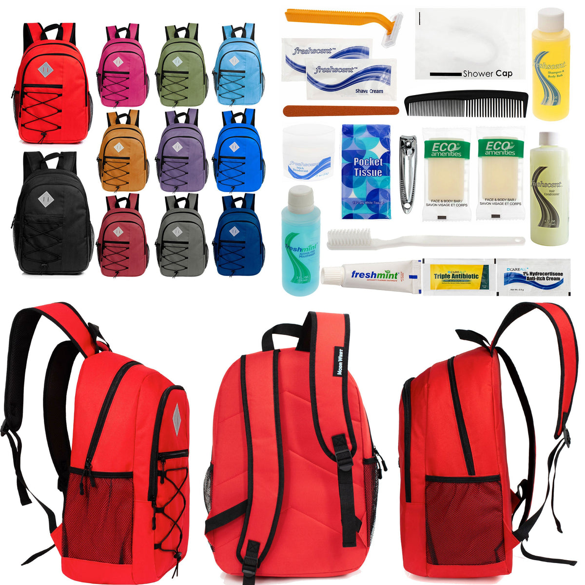12 Large 18" Deluxe Backpacks - Padded Back and Laptop Sleeve & Your Choice of 12 Bulk Hygiene Kits - Wholesale Care Package: Homeless, Emergency, Charity