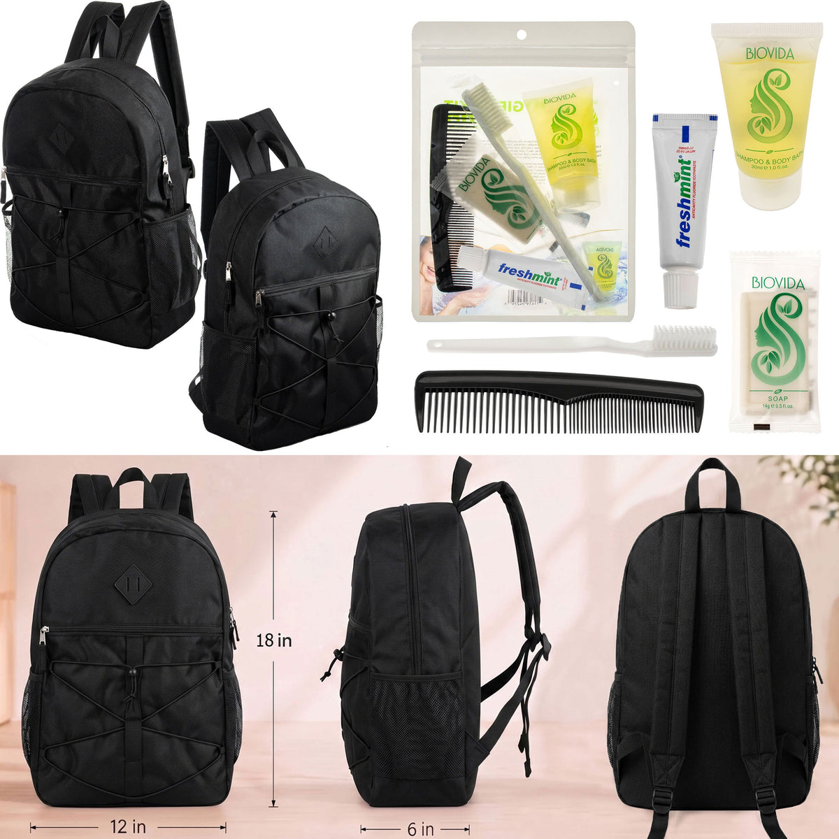 12 Black Bungee Cord Style 18" Backpacks & Your Choice of 12 Bulk Hygiene Kits - Wholesale Care Package: Homeless, Emergency, Charity