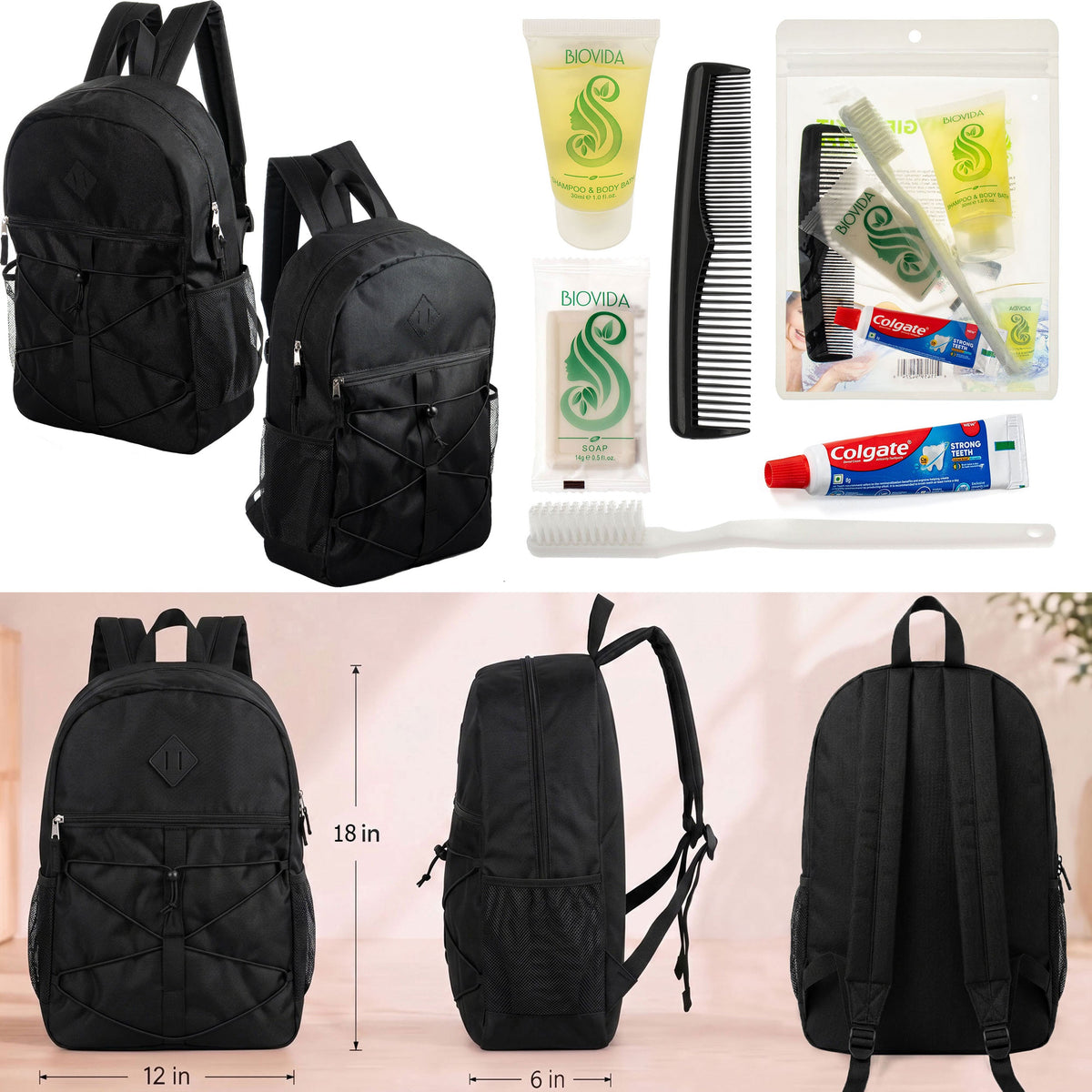 12 Black Bungee Cord Style 18" Backpacks & Your Choice of 12 Bulk Hygiene Kits - Wholesale Care Package: Homeless, Emergency, Charity