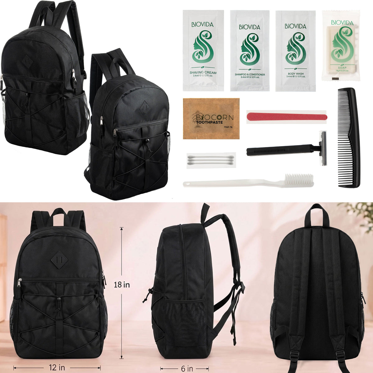 12 Black Bungee Cord Style 18" Backpacks & Your Choice of 12 Bulk Hygiene Kits - Wholesale Care Package: Homeless, Emergency, Charity