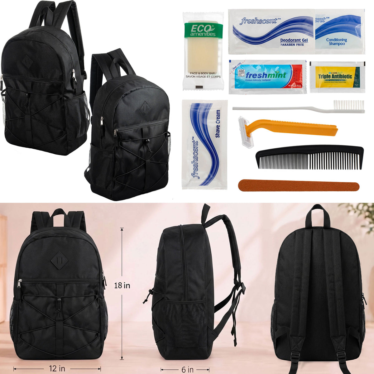 12 Black Bungee Cord Style 18" Backpacks & Your Choice of 12 Bulk Hygiene Kits - Wholesale Care Package: Homeless, Emergency, Charity