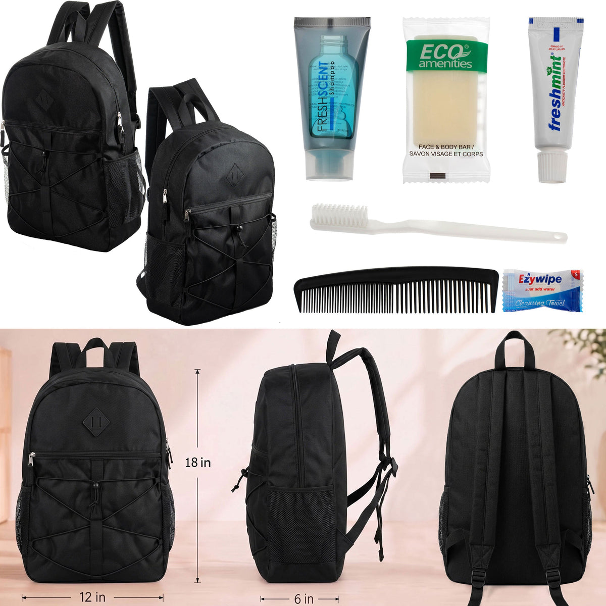 12 Black Bungee Cord Style 18" Backpacks & Your Choice of 12 Bulk Hygiene Kits - Wholesale Care Package: Homeless, Emergency, Charity