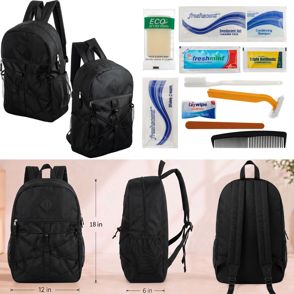 12 Black Bungee Cord Style 18" Backpacks & Your Choice of 12 Bulk Hygiene Kits - Wholesale Care Package: Homeless, Emergency, Charity