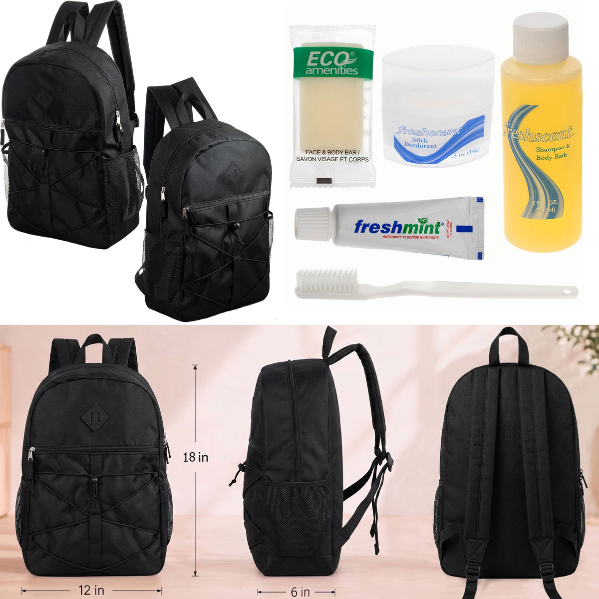 12 Black Bungee Cord Style 18" Backpacks & Your Choice of 12 Bulk Hygiene Kits - Wholesale Care Package: Homeless, Emergency, Charity