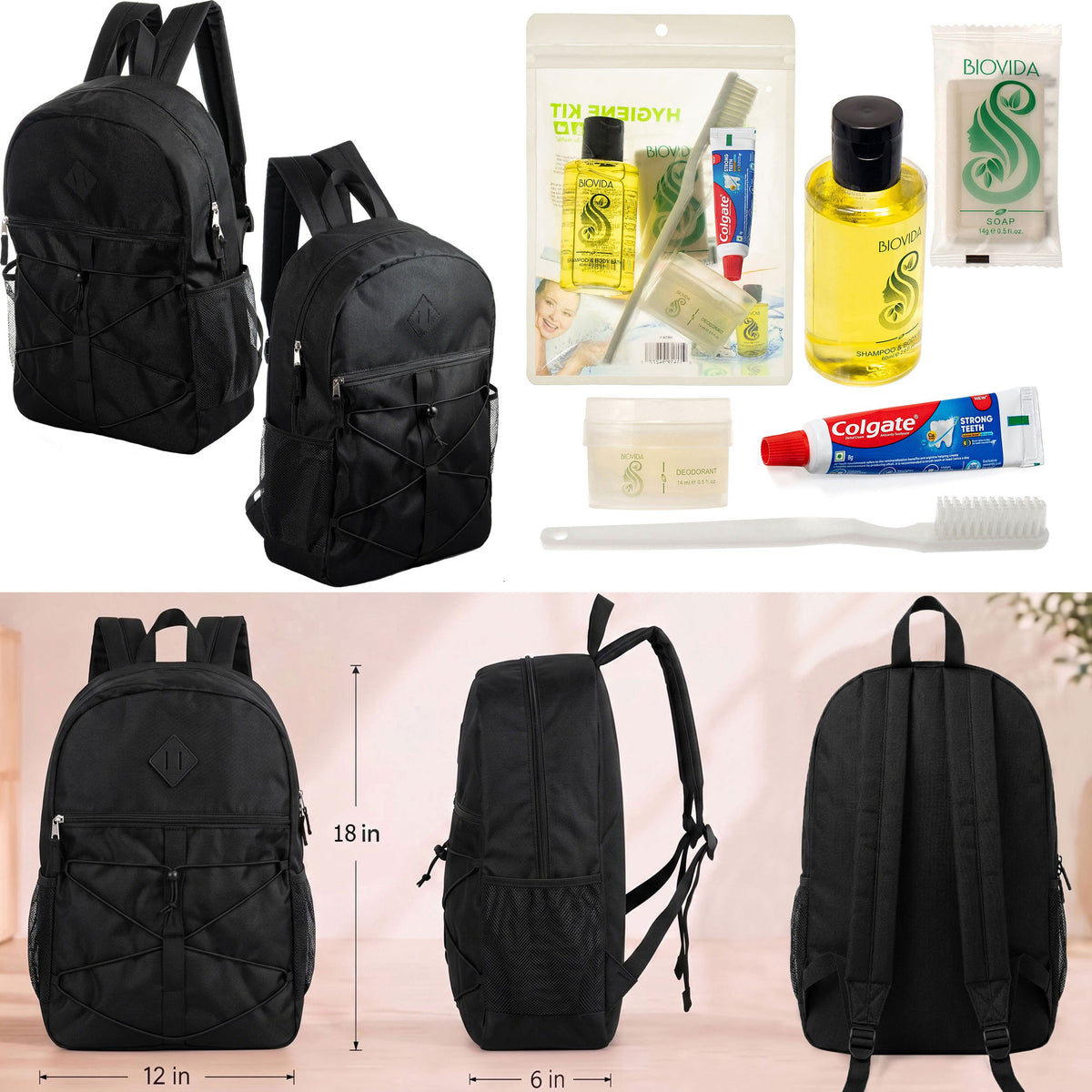 12 Black Bungee Cord Style 18" Backpacks & Your Choice of 12 Bulk Hygiene Kits - Wholesale Care Package: Homeless, Emergency, Charity