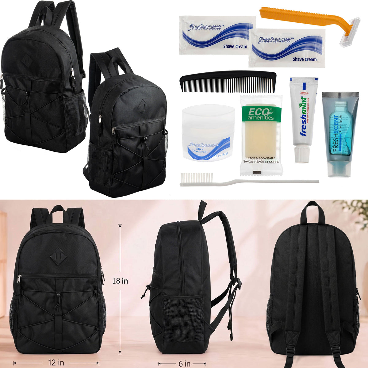 12 Black Bungee Cord Style 18" Backpacks & Your Choice of 12 Bulk Hygiene Kits - Wholesale Care Package: Homeless, Emergency, Charity