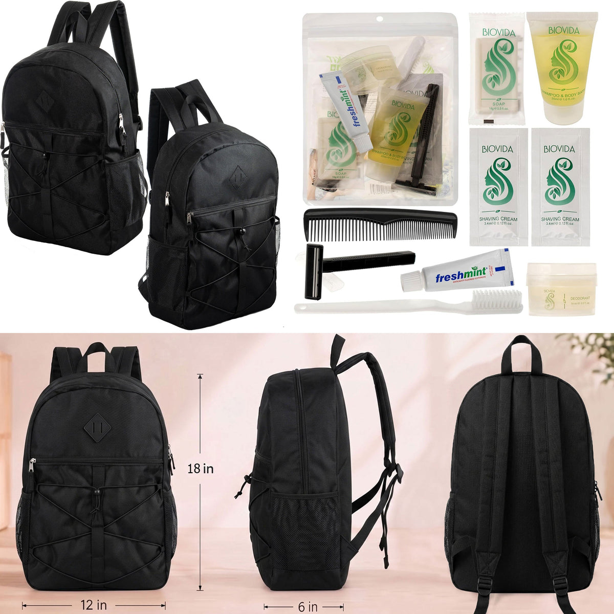 12 Black Bungee Cord Style 18" Backpacks & Your Choice of 12 Bulk Hygiene Kits - Wholesale Care Package: Homeless, Emergency, Charity