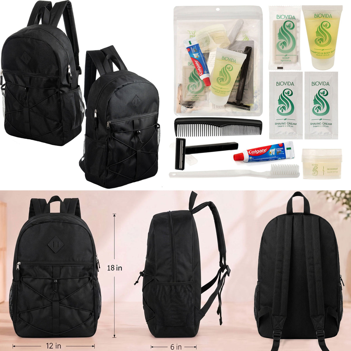 12 Black Bungee Cord Style 18" Backpacks & Your Choice of 12 Bulk Hygiene Kits - Wholesale Care Package: Homeless, Emergency, Charity