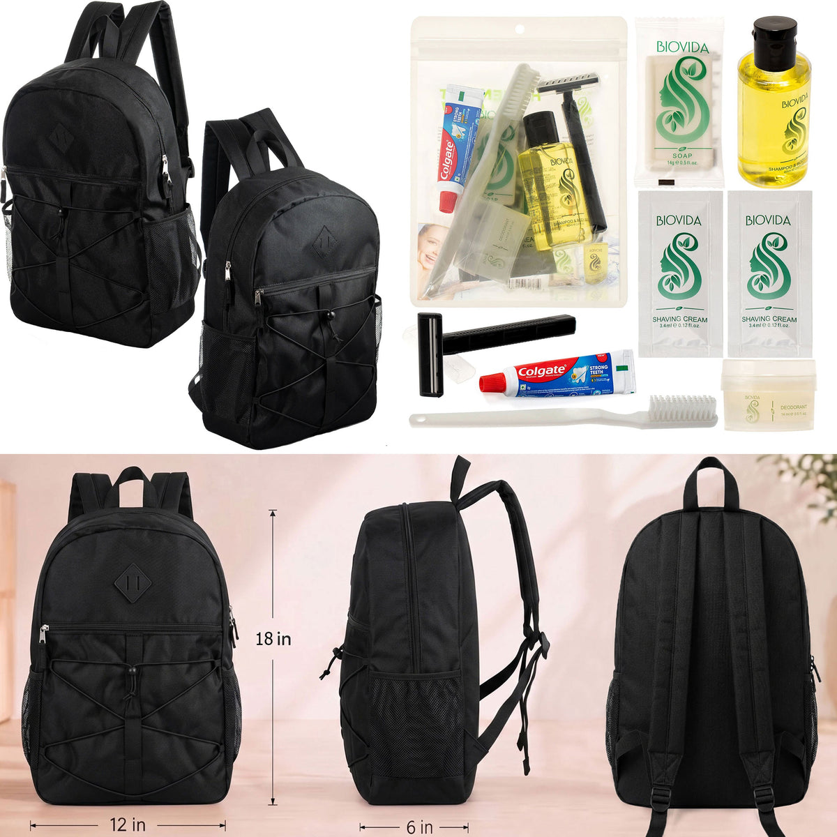12 Black Bungee Cord Style 18" Backpacks & Your Choice of 12 Bulk Hygiene Kits - Wholesale Care Package: Homeless, Emergency, Charity