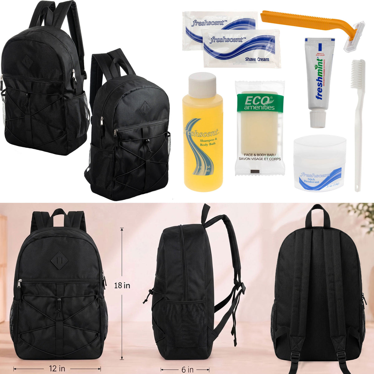 12 Black Bungee Cord Style 18" Backpacks & Your Choice of 12 Bulk Hygiene Kits - Wholesale Care Package: Homeless, Emergency, Charity