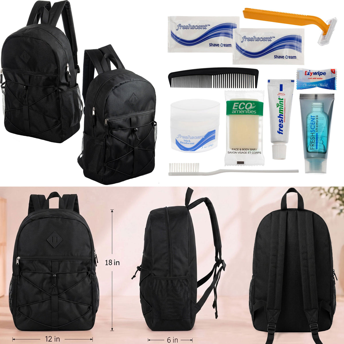 12 Black Bungee Cord Style 18" Backpacks & Your Choice of 12 Bulk Hygiene Kits - Wholesale Care Package: Homeless, Emergency, Charity