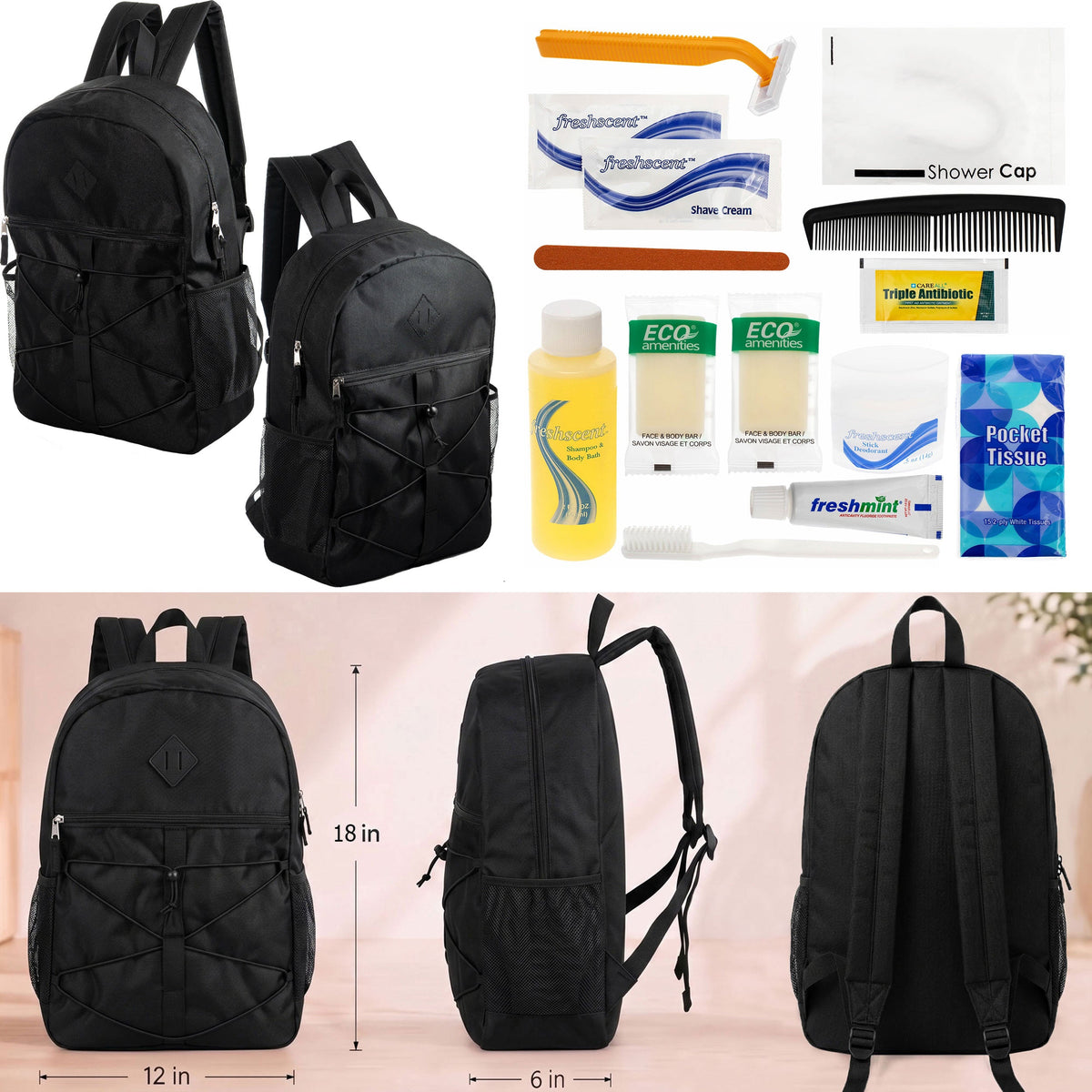 12 Black Bungee Cord Style 18" Backpacks & Your Choice of 12 Bulk Hygiene Kits - Wholesale Care Package: Homeless, Emergency, Charity