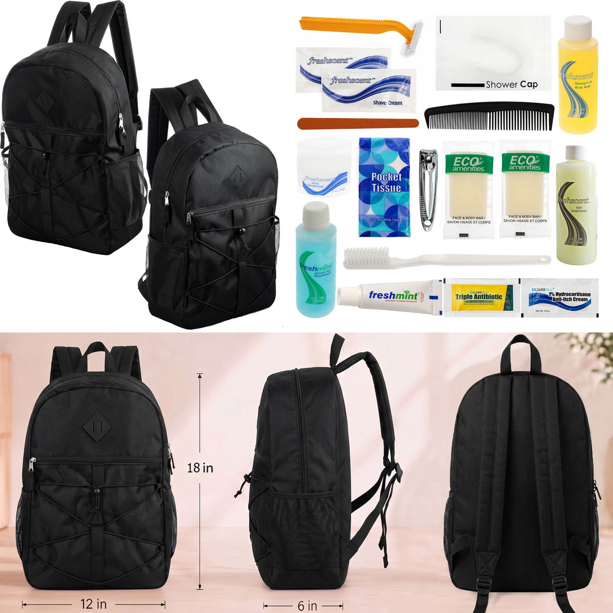 12 Black Bungee Cord Style 18" Backpacks & Your Choice of 12 Bulk Hygiene Kits - Wholesale Care Package: Homeless, Emergency, Charity