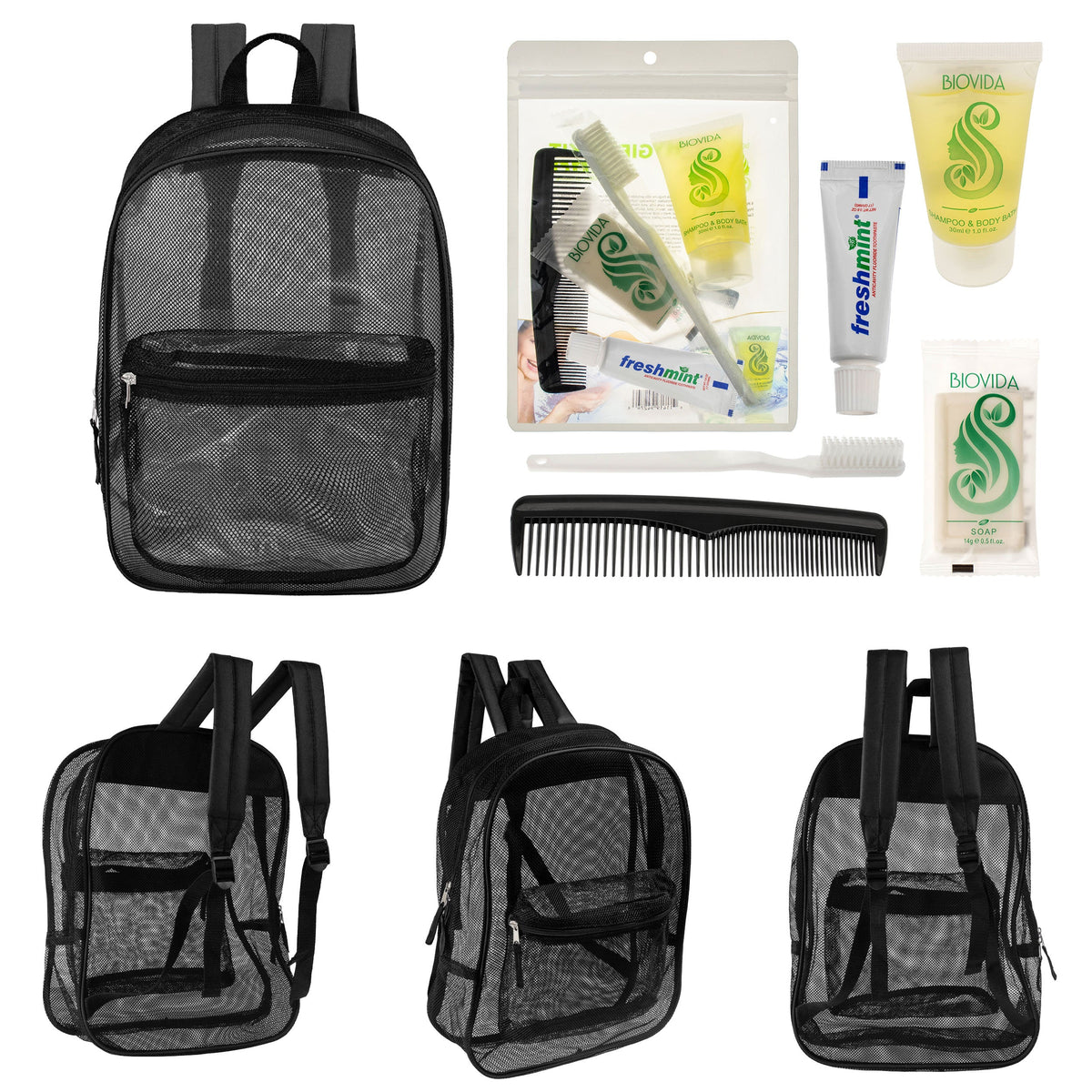 12 Black Mesh 17" Backpacks & Your Choice of 12 Bulk Hygiene Kits - Wholesale Care Package: Homeless, Emergency, Charity