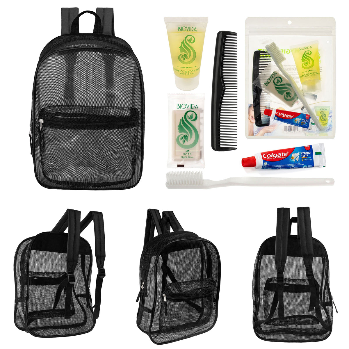12 Black Mesh 17" Backpacks & Your Choice of 12 Bulk Hygiene Kits - Wholesale Care Package: Homeless, Emergency, Charity