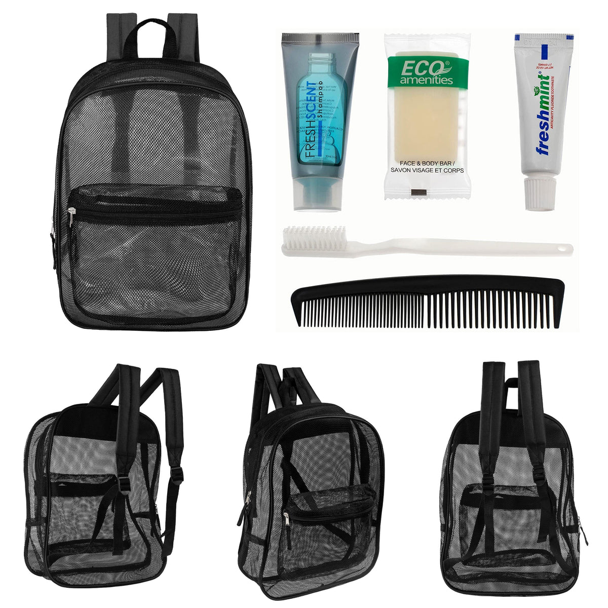 12 Black Mesh 17" Backpacks & Your Choice of 12 Bulk Hygiene Kits - Wholesale Care Package: Homeless, Emergency, Charity