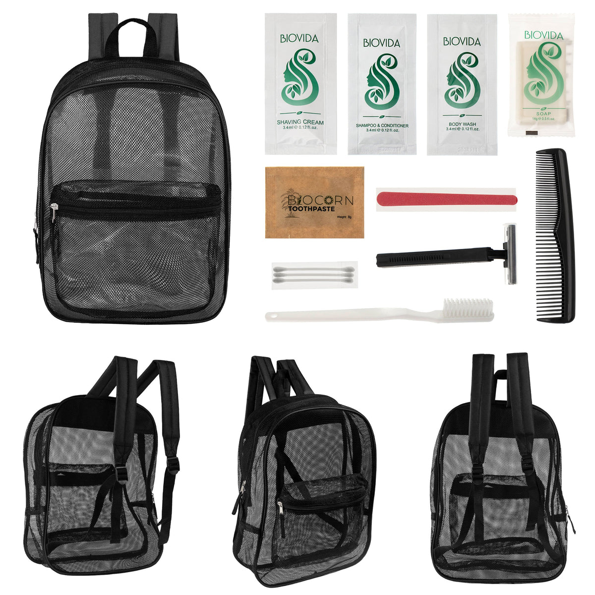 12 Black Mesh 17" Backpacks & Your Choice of 12 Bulk Hygiene Kits - Wholesale Care Package: Homeless, Emergency, Charity