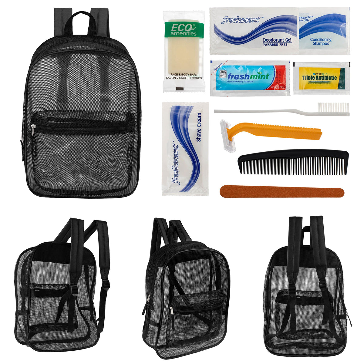 12 Black Mesh 17" Backpacks & Your Choice of 12 Bulk Hygiene Kits - Wholesale Care Package: Homeless, Emergency, Charity