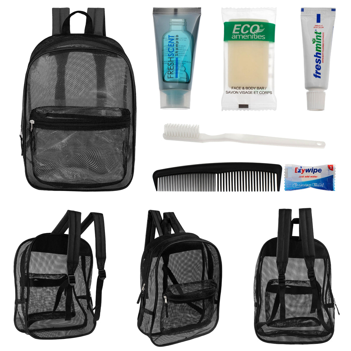 12 Black Mesh 17" Backpacks & Your Choice of 12 Bulk Hygiene Kits - Wholesale Care Package: Homeless, Emergency, Charity