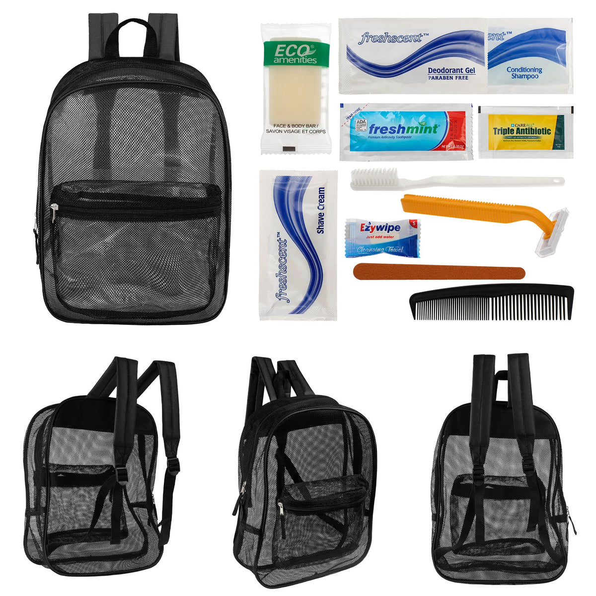 12 Black Mesh 17" Backpacks & Your Choice of 12 Bulk Hygiene Kits - Wholesale Care Package: Homeless, Emergency, Charity