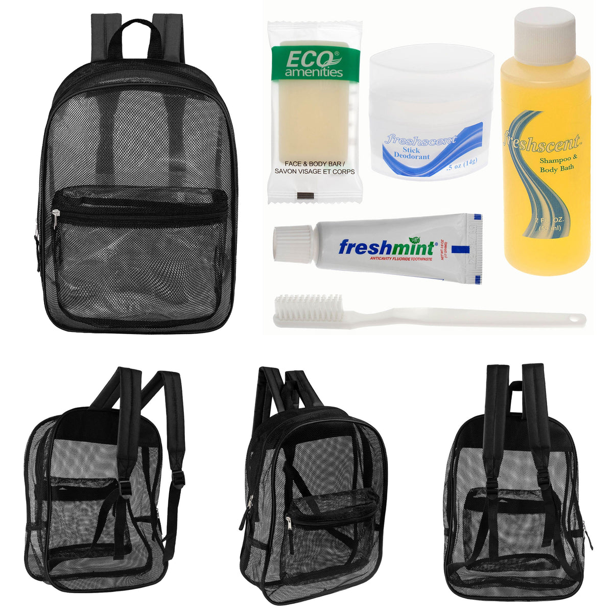 12 Black Mesh 17" Backpacks & Your Choice of 12 Bulk Hygiene Kits - Wholesale Care Package: Homeless, Emergency, Charity