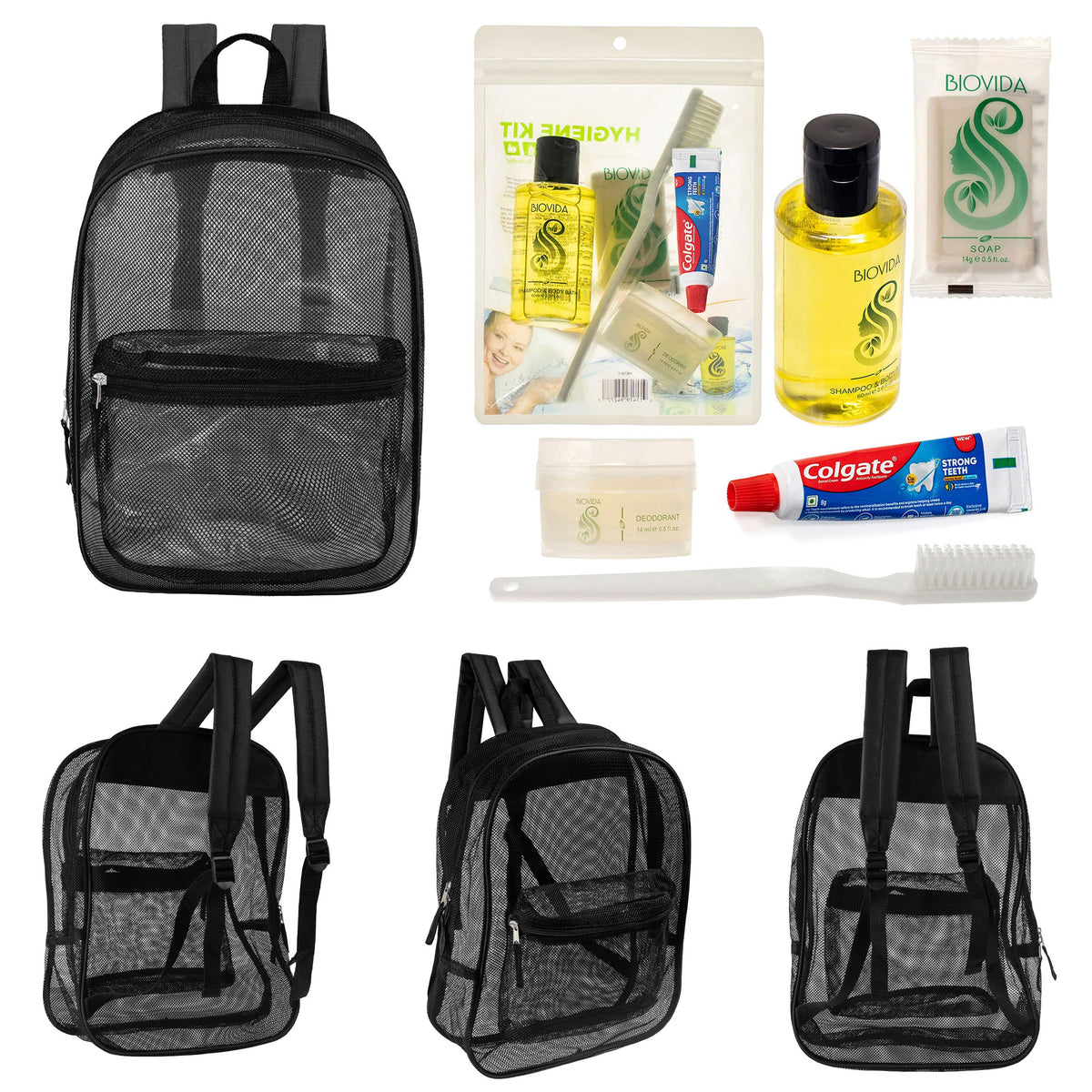 12 Black Mesh 17" Backpacks & Your Choice of 12 Bulk Hygiene Kits - Wholesale Care Package: Homeless, Emergency, Charity