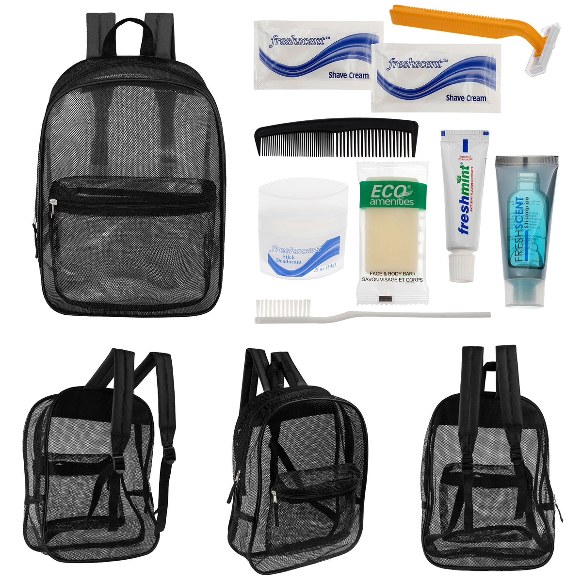 12 Black Mesh 17" Backpacks & Your Choice of 12 Bulk Hygiene Kits - Wholesale Care Package: Homeless, Emergency, Charity