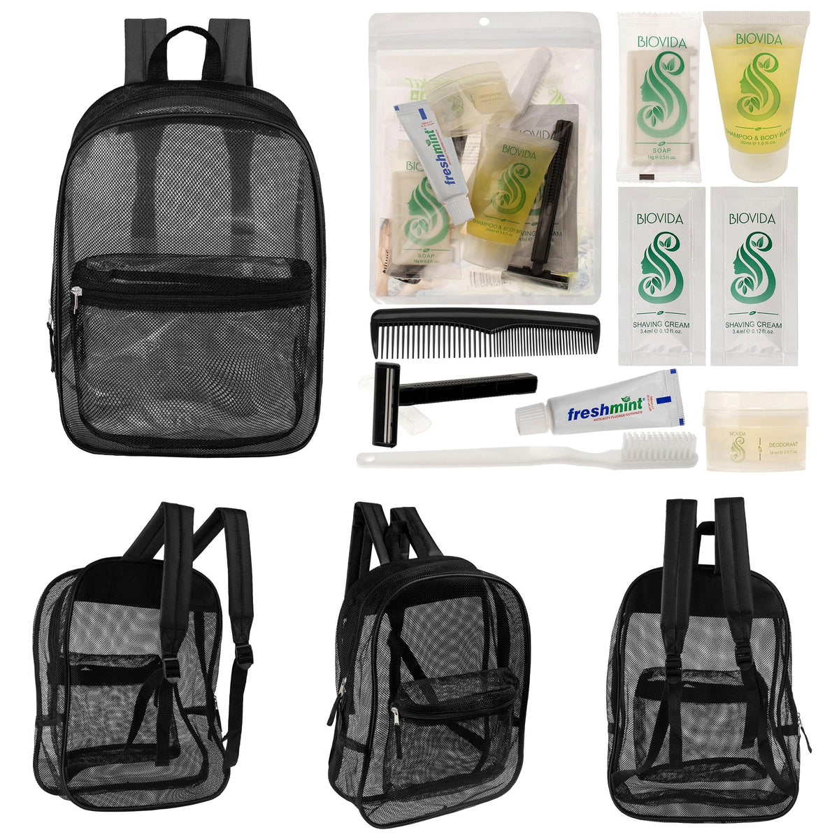 12 Black Mesh 17" Backpacks & Your Choice of 12 Bulk Hygiene Kits - Wholesale Care Package: Homeless, Emergency, Charity