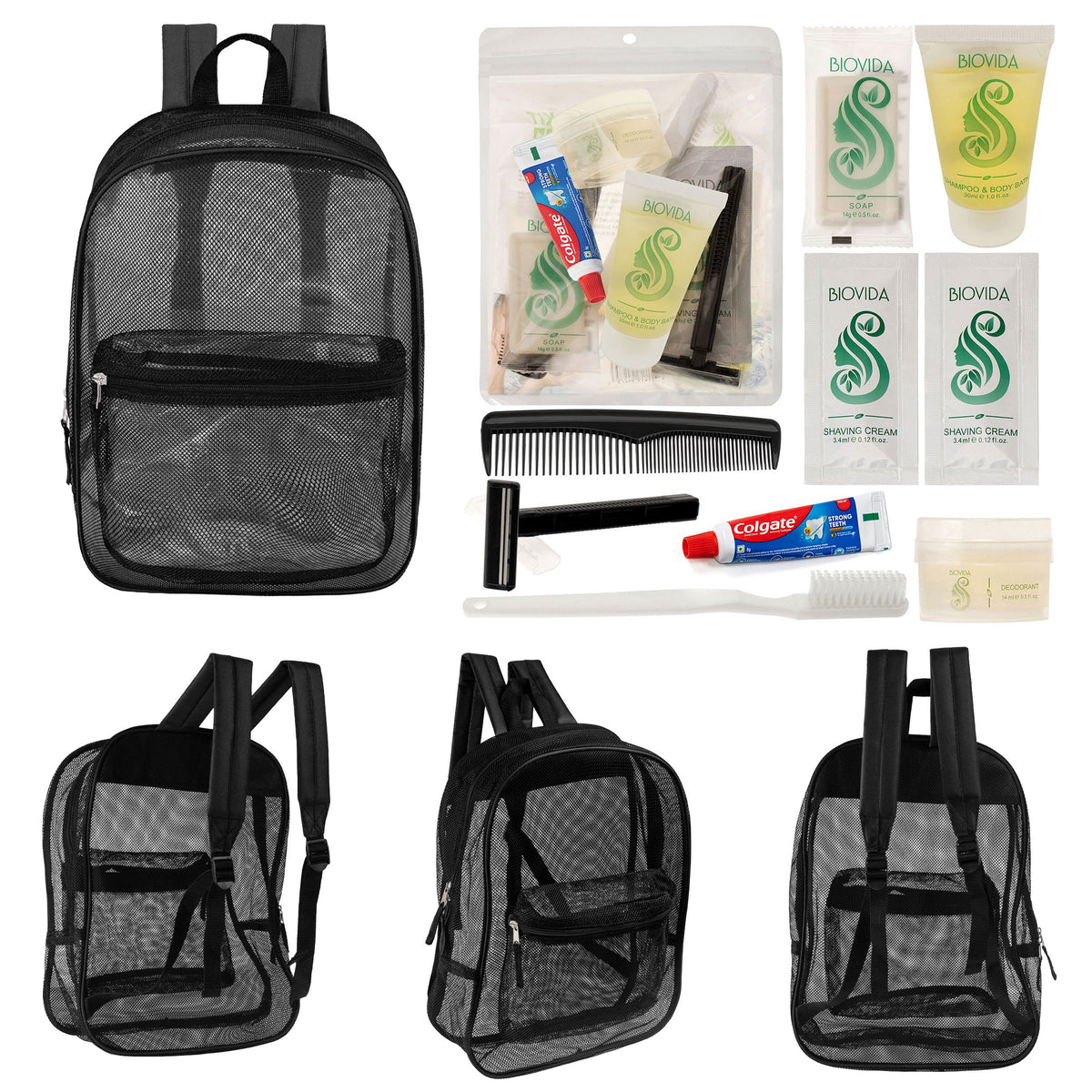 12 Black Mesh 17" Backpacks & Your Choice of 12 Bulk Hygiene Kits - Wholesale Care Package: Homeless, Emergency, Charity