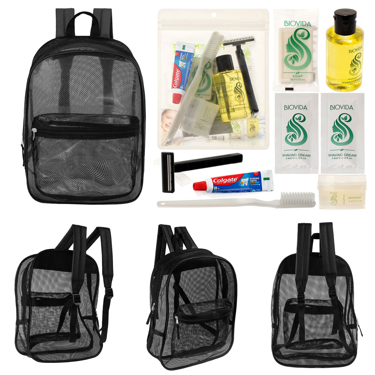 12 Black Mesh 17" Backpacks & Your Choice of 12 Bulk Hygiene Kits - Wholesale Care Package: Homeless, Emergency, Charity