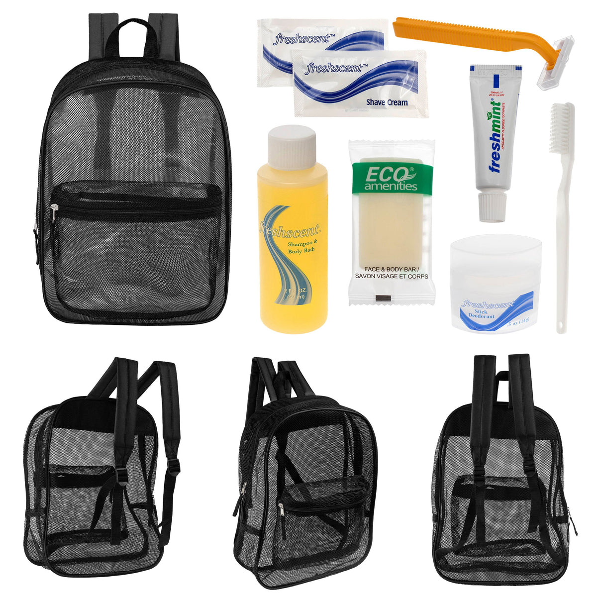 12 Black Mesh 17" Backpacks & Your Choice of 12 Bulk Hygiene Kits - Wholesale Care Package: Homeless, Emergency, Charity