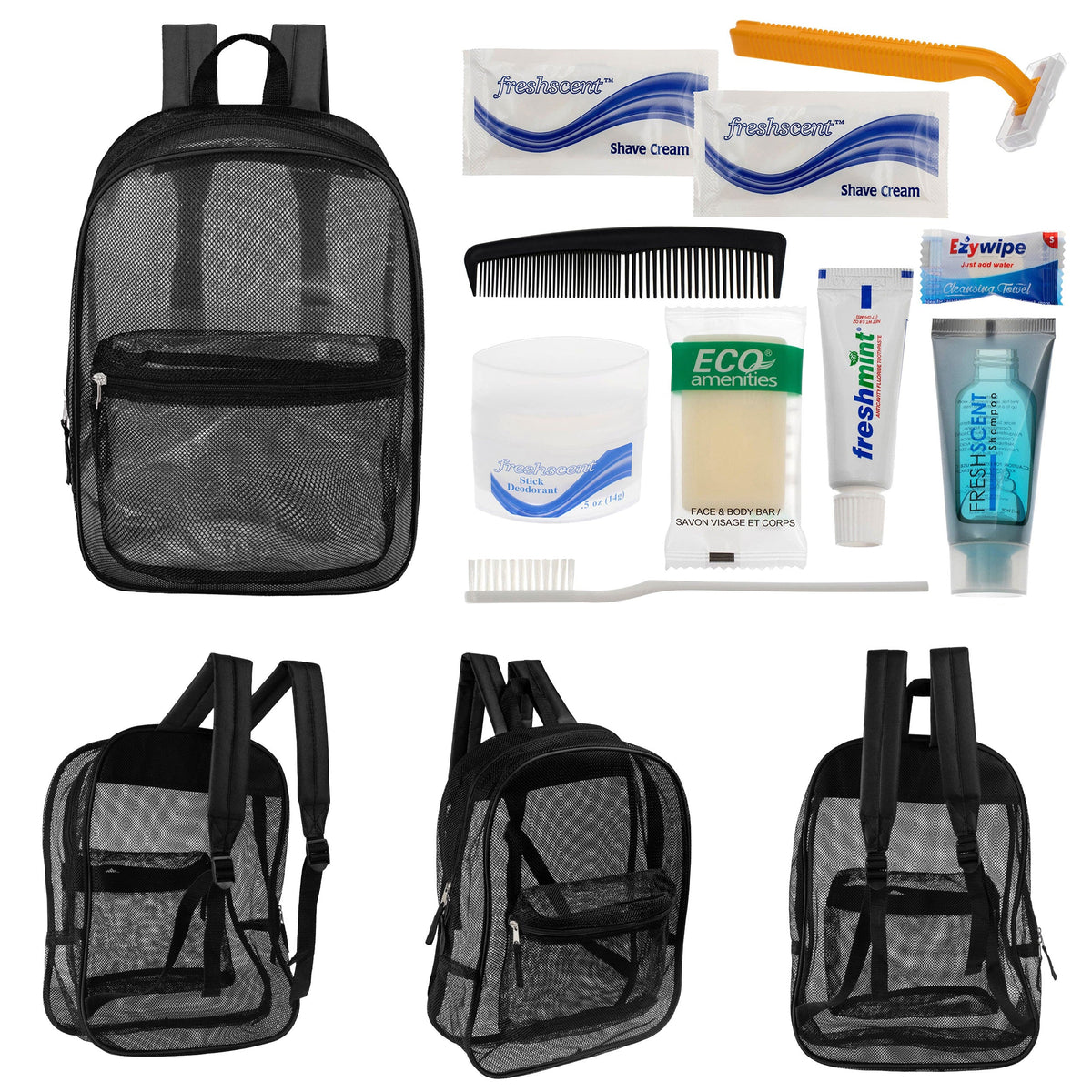 12 Black Mesh 17" Backpacks & Your Choice of 12 Bulk Hygiene Kits - Wholesale Care Package: Homeless, Emergency, Charity