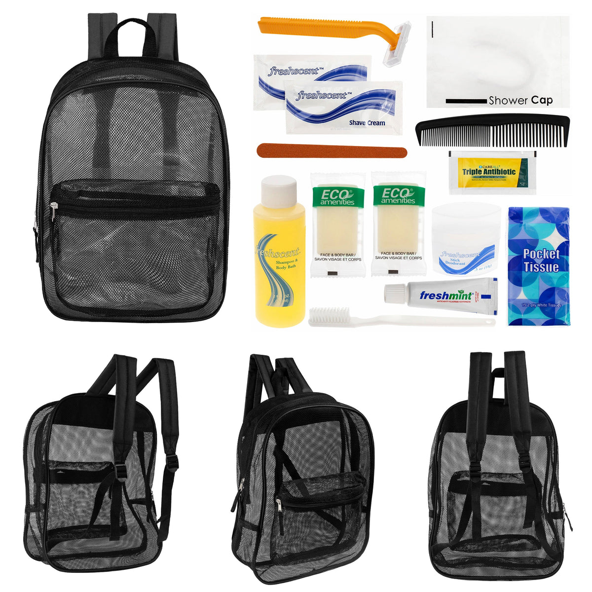 12 Black Mesh 17" Backpacks & Your Choice of 12 Bulk Hygiene Kits - Wholesale Care Package: Homeless, Emergency, Charity