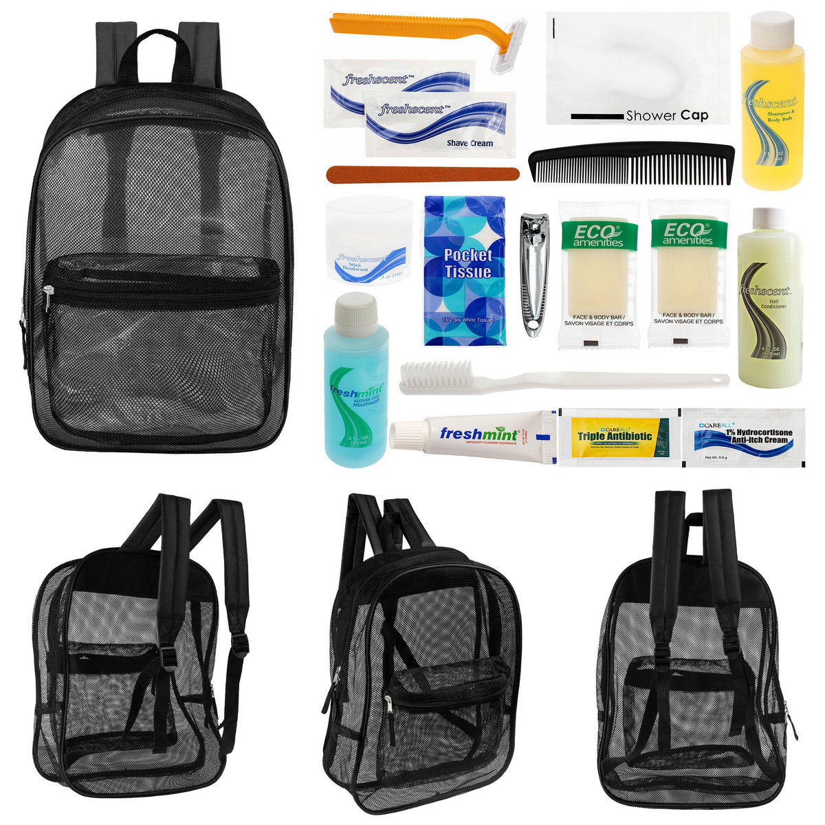12 Black Mesh 17" Backpacks & Your Choice of 12 Bulk Hygiene Kits - Wholesale Care Package: Homeless, Emergency, Charity