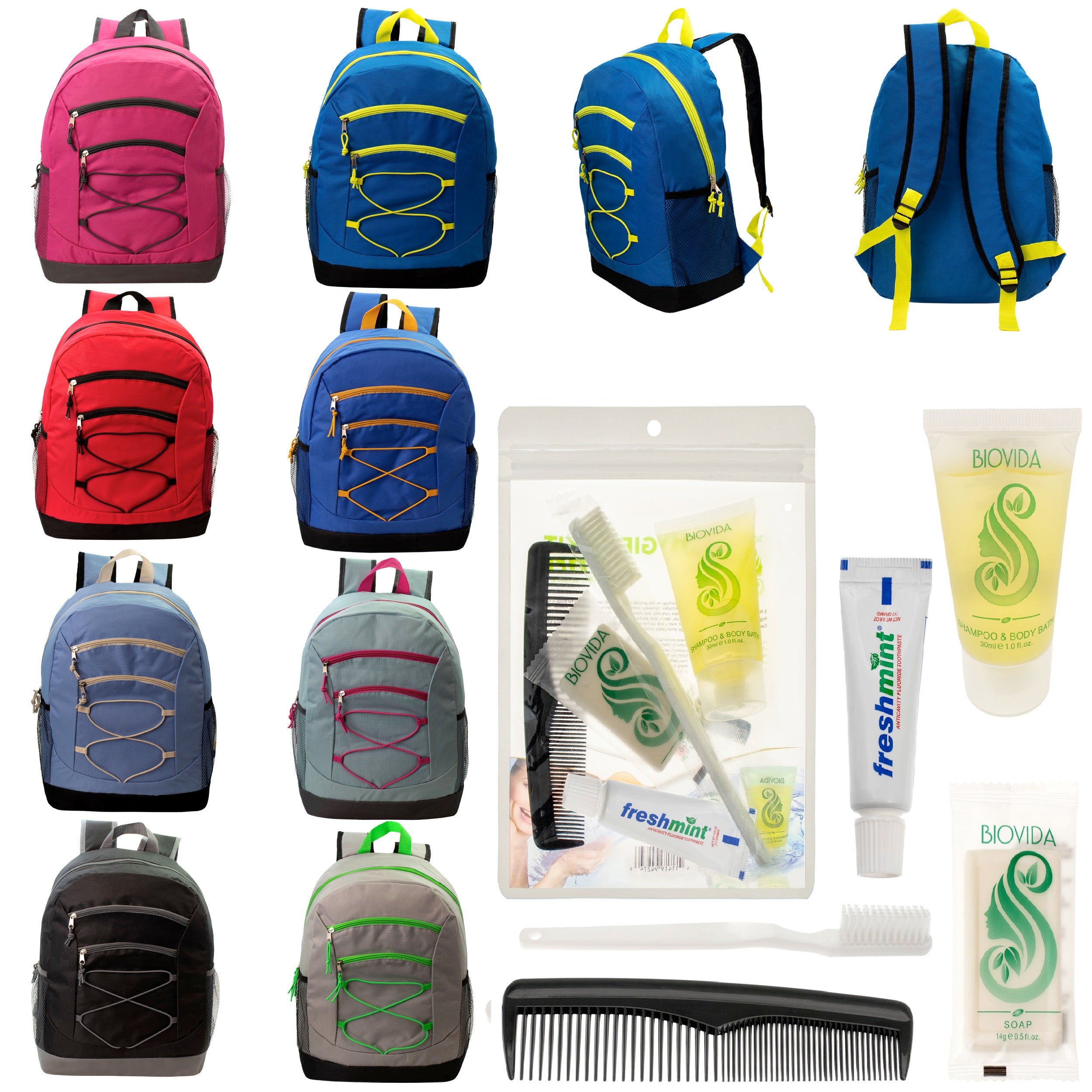 12 Bungee 17" Backpacks in 8 Colors & Your Choice of 12 Bulk Hygiene Kits - Wholesale Care Package: Homeless, Emergency, Charity